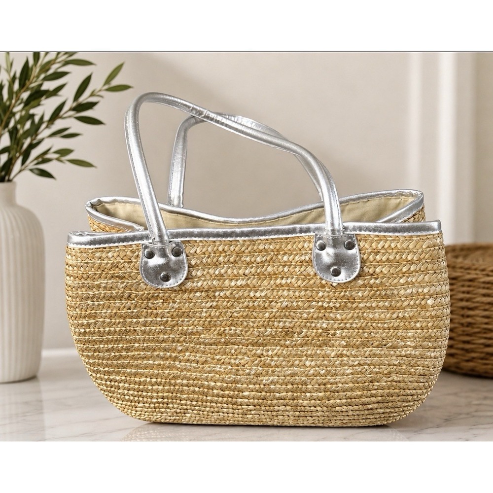 Hand Woven Straw Tote Handbag Beach Purse Silver  Trim Large Tote
